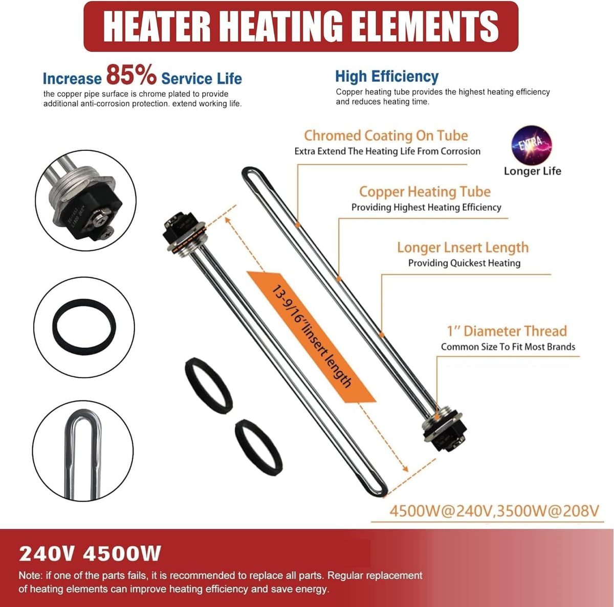 DROMIX Water Heater Element, 4500W 240V, 2PCs Pack, Screw-in Type, High Watt Density, Chrome Coated Copper, fits most models of Dual Element Eletrical Water Heaters, 2PC4500W_EWH
