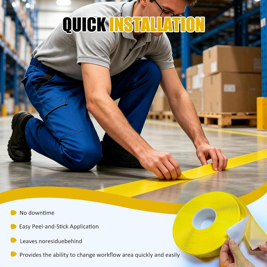 Yellow Floor Marking Tape，1.1mm Thick x 100 ft Long x 2 in Wide，Heavy Duty PVC Safety Tape for Warehouses, Storage &