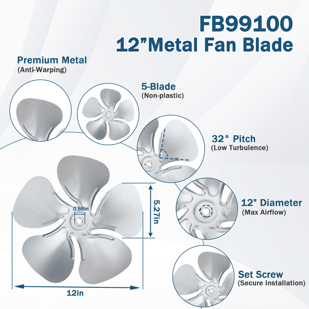 F0510B2944 Attic Ventilation Fan Motor & FB99100 12" Attic Fan Blade Propeller Replacement for Lomanco 2000/1800 Series F0510B2497 A0416B2059 3.4 Amp 1100 RPM 115V 5-Blade 32 Degree for 1/2" Shaft