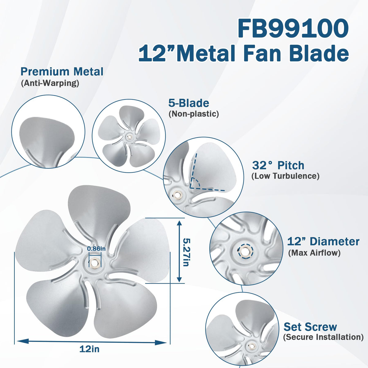 F0510B2944 Attic Ventilation Fan Motor & FB99100 12" Attic Fan Blade Propeller Replacement for Lomanco 2000/1800 Series F0510B2497 A0416B2059 3.4 Amp 1100 RPM 115V 5-Blade 32 Degree for 1/2" Shaft