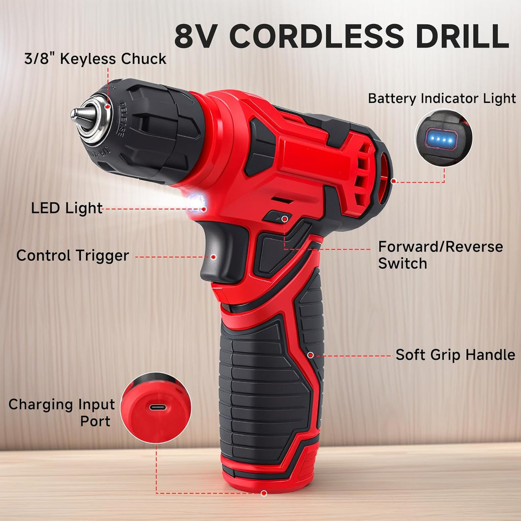Tool Set - 8V Cordless Drill Set, 132 Piece Home Tool Set With Hand Drill, Tool Kit for Women & Men, Perfect for