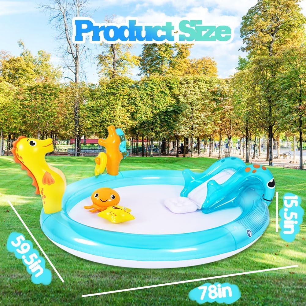 Sea Animal Inflatable Kids Pool with Slide and Sprinkler, Inflatable Play Center with Rings & Animal Figures