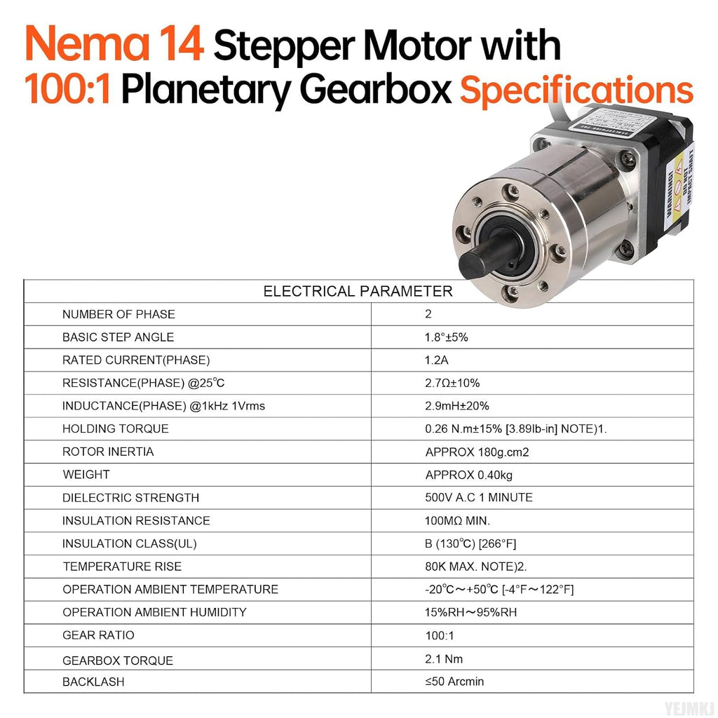 100:1 Planetary Gearbox Nema 14 Stepper Motor 26Ncm 28x80mm 1.2A