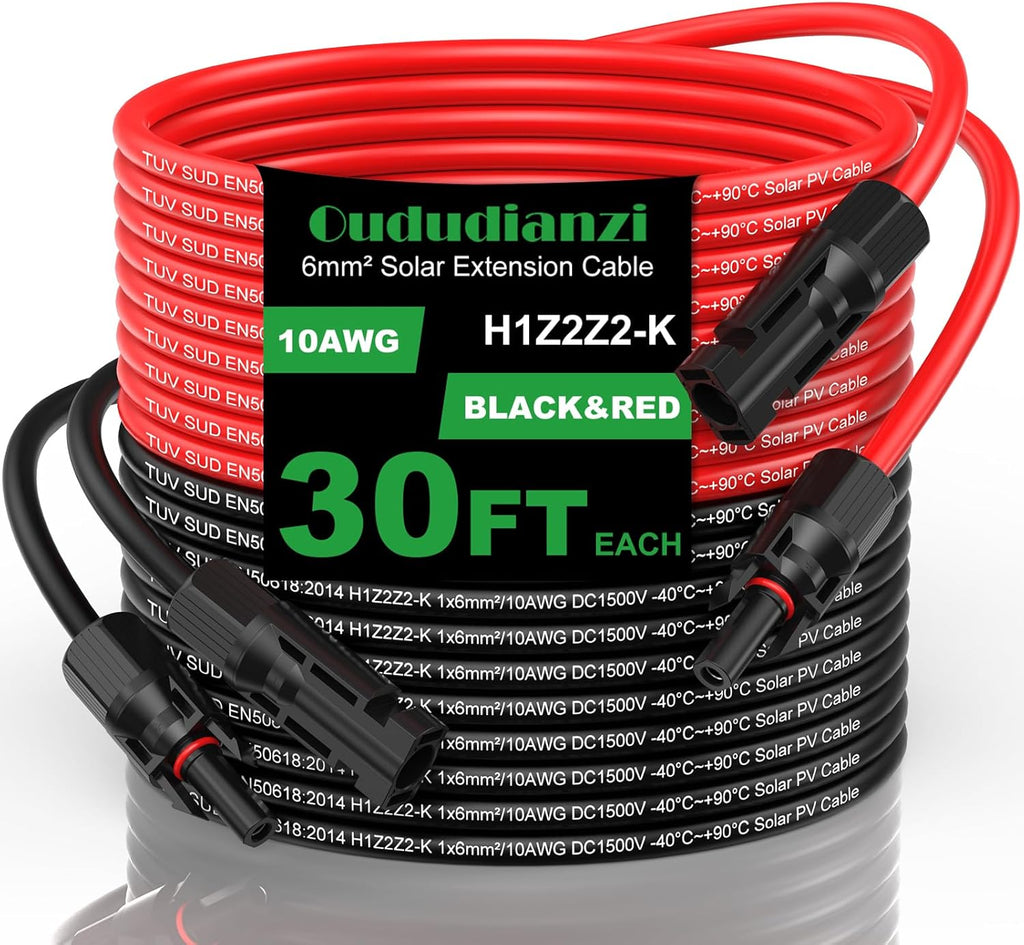 Solar Extension Cable 30Ft 10AWG, Solar Wire, 10 Gauge Tinned Copper PV Wire, Solar Panel Cables with Waterproof Male