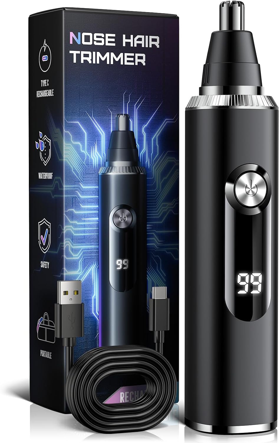 Nose Hair Trimmer for Men and Women, USB Rechargeable Electric Facial and Ear Hair Remover with LED Display