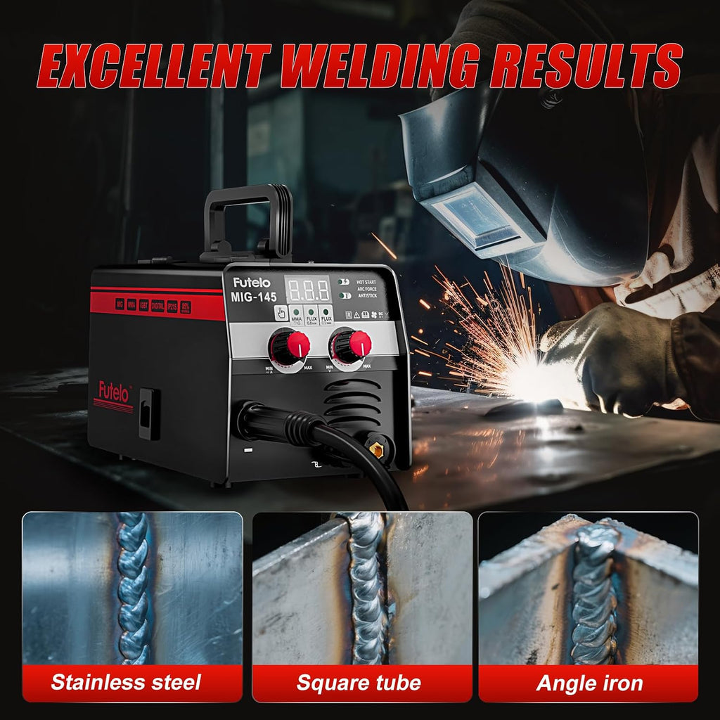 145A MIG Welder, 3 in 1 Flux Core/Lift TIG/Stick Welding Machine 110V IGBT Inverter Gasless Welder with Synergy