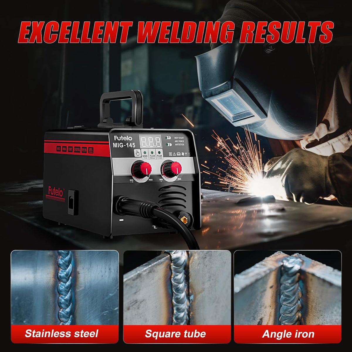 145A MIG Welder, 3 in 1 Flux Core/Lift TIG/Stick Welding Machine 110V IGBT Inverter Gasless Welder with Synergy