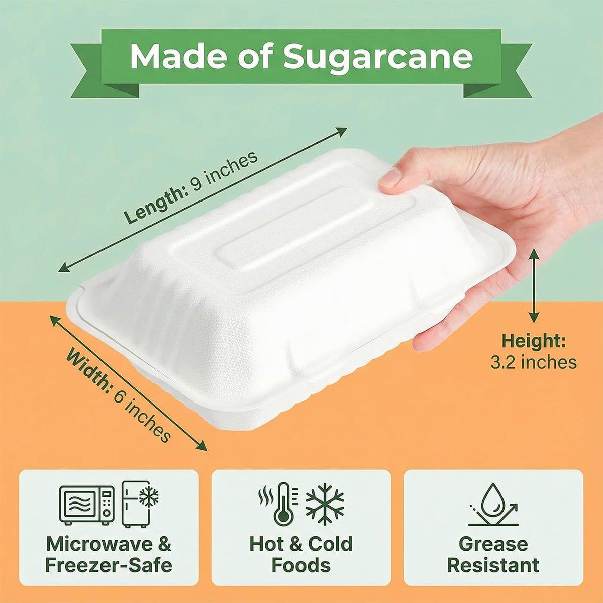 90 Pack 9"x 6" Compostable Clamshell Take Out Containers, Bagasse