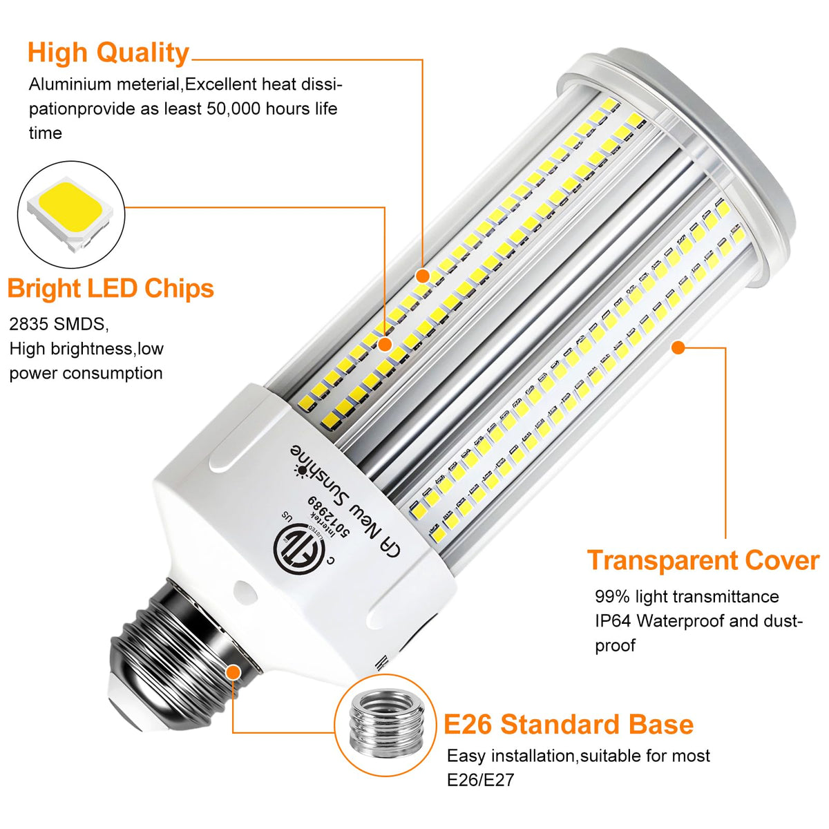 2 Pack 600W Equivalent LED Corn Light Bulb 9000 Lumen 5000K 60W Large Area Daylight White E26/E27 Medium Base for