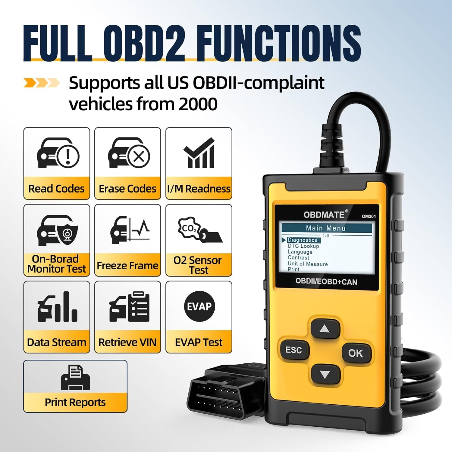 Check Engine Code Reader, OBDMATE OM201 OBD2 Diagnostic Tool | Clearing Faulty Codes with Wireless Printing | Graphic