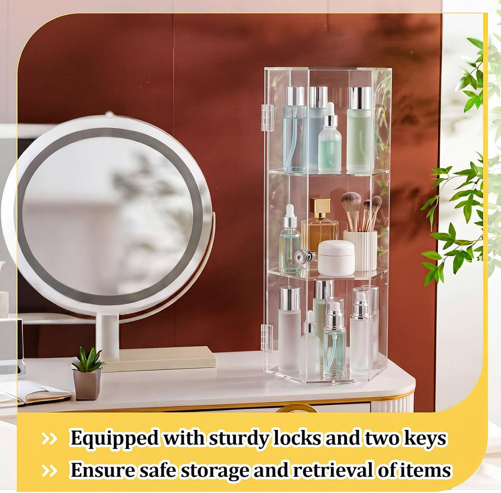 24'' H Rotating Jewelry Display Case with Lock and Keys, 360-degree Locking Acrylic Clear Cabinet for Collectibles