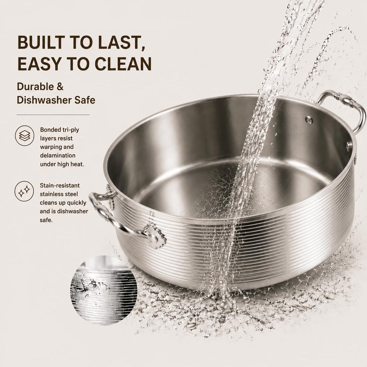 7 QT Stainless Steel Braiser Rondeau Pot with Lid, Riveted Handle