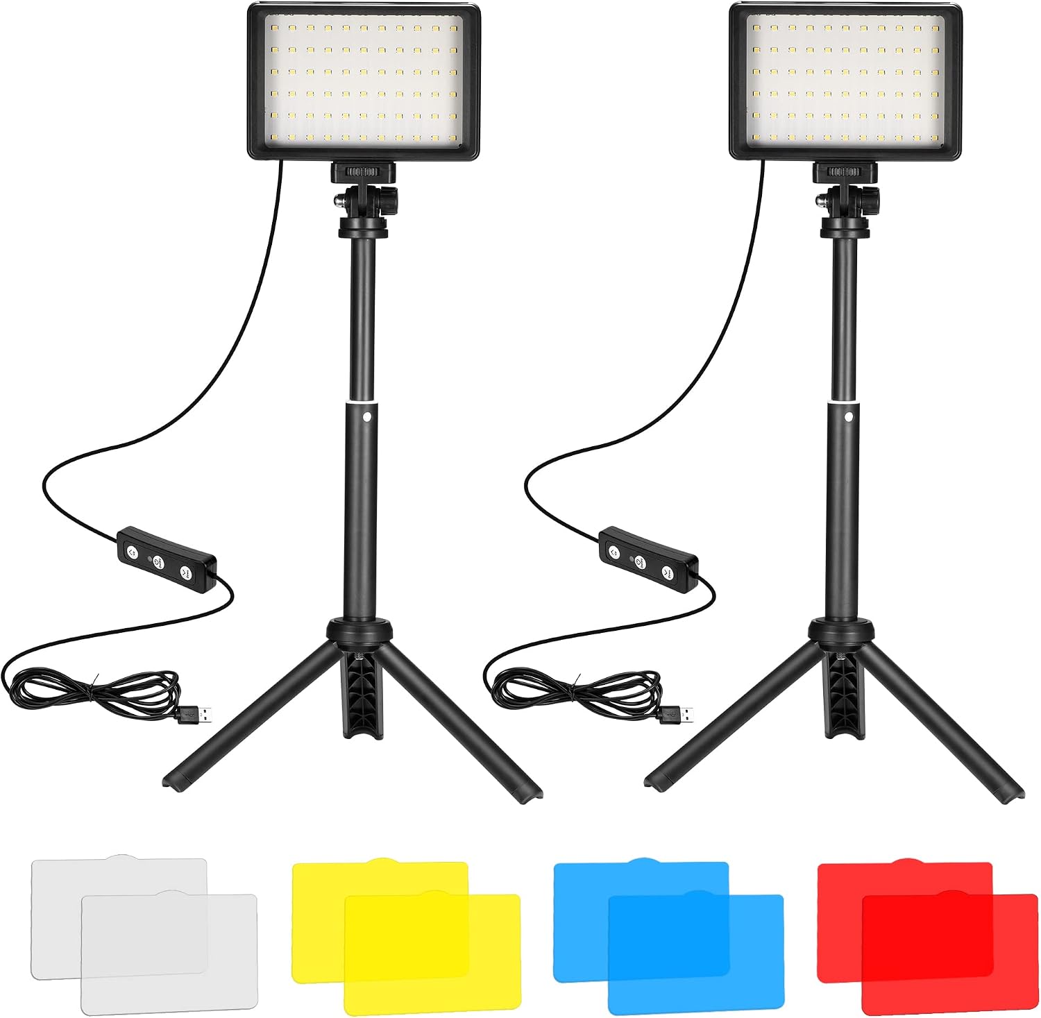 LED Video Light 2-Pack, 5600K Dimmable USB Camera Lighting Kit | Photography Lights with Mini Tripod & Colored