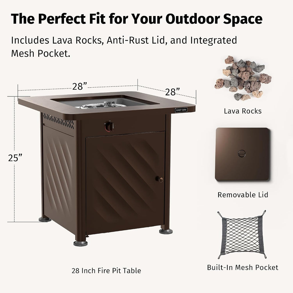 28” Outdoor Propane Fire Pit Table | 52,000 BTU Gas Fire Pit for 2-4 People with Space-Saving Hock Lid, Mesh Pocket &