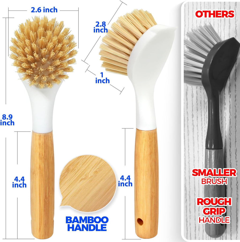 3 Pack Dish Brush Set with Bamboo Handle, Kitchen Brushes for Cleaning Pot, Sink and Stove, Skillet Scrubber with