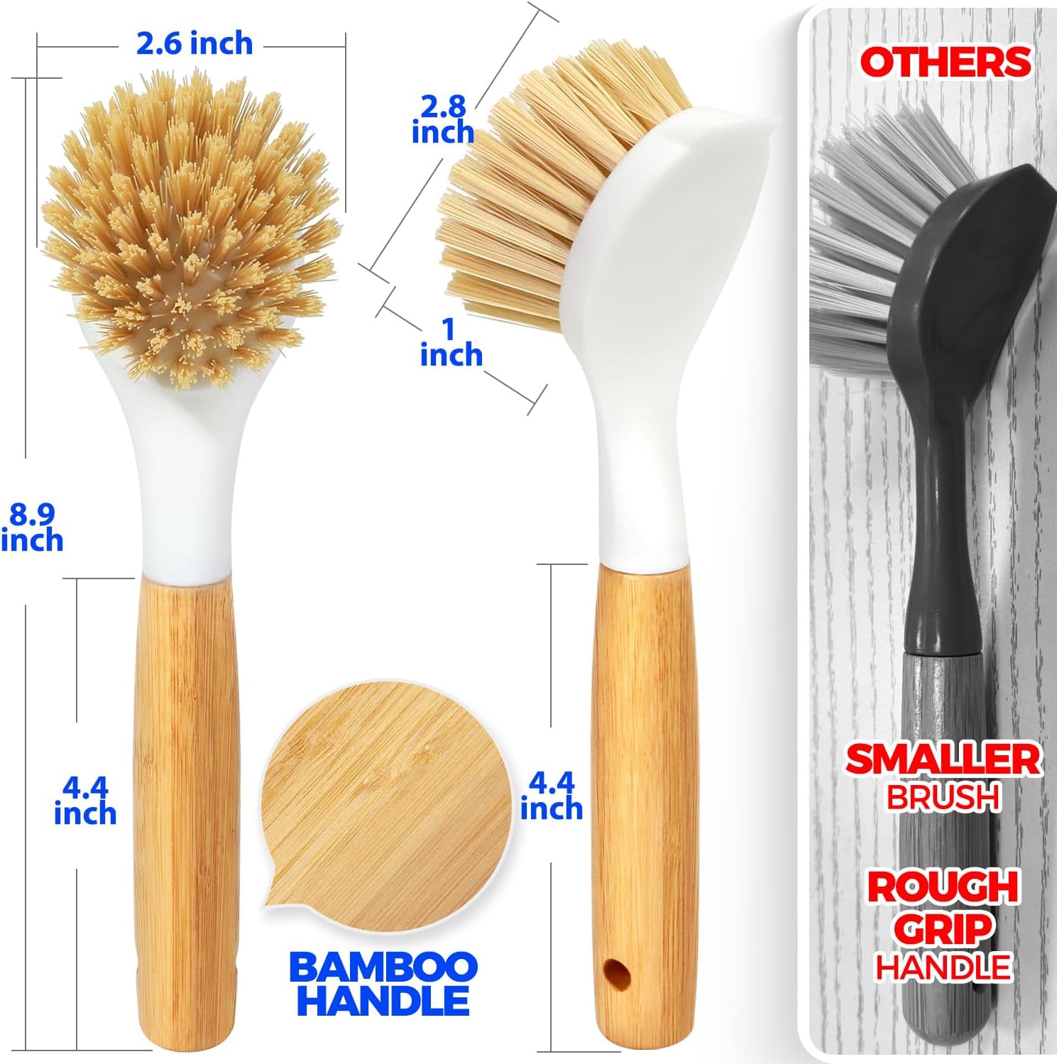 3 Pack Dish Brush Set with Bamboo Handle, Kitchen Brushes for Cleaning Pot, Sink and Stove, Skillet Scrubber with