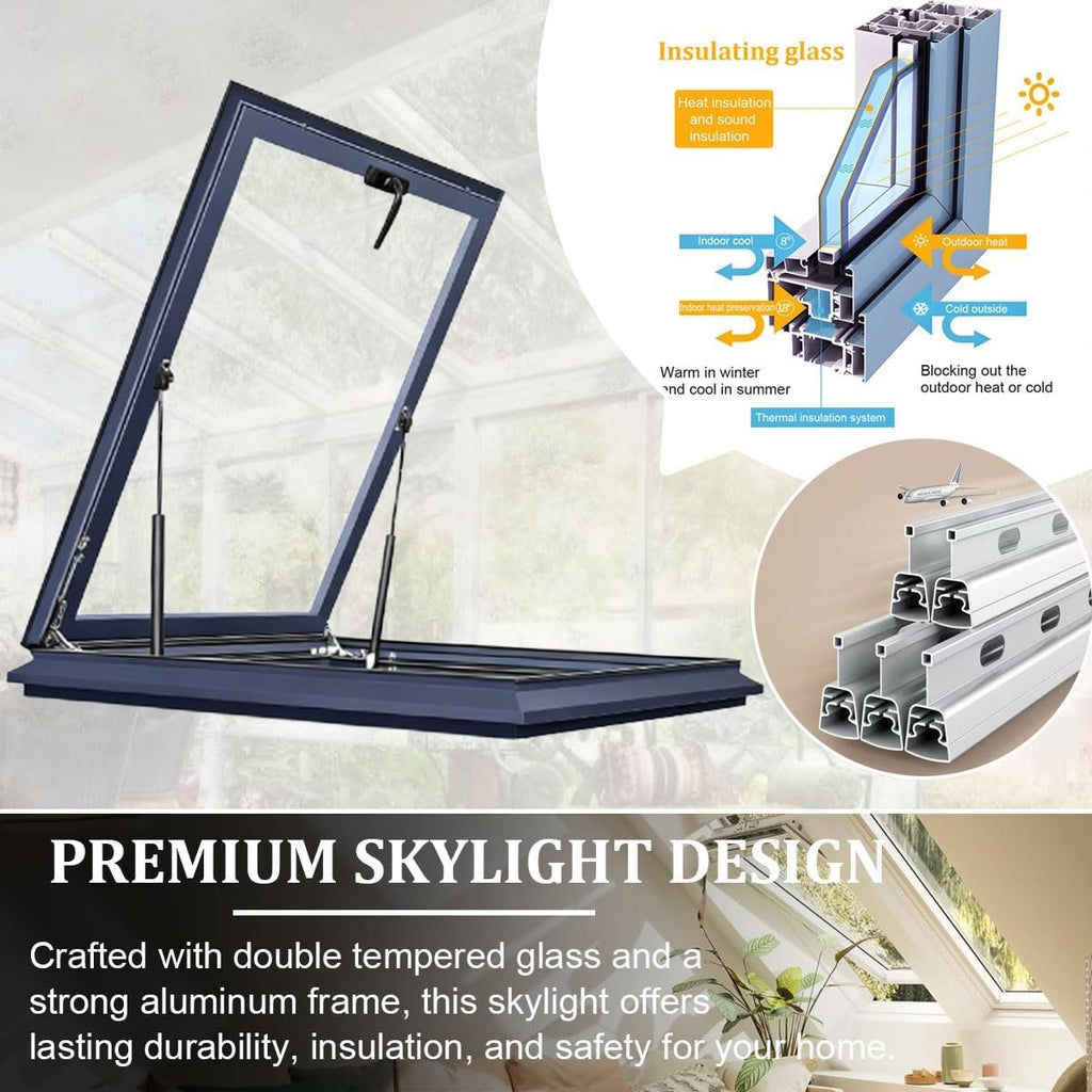 Customizable Roof Windows Skylight, Manual Vented Skylights for House Roofs, Double-Glazed Tempered Glass and