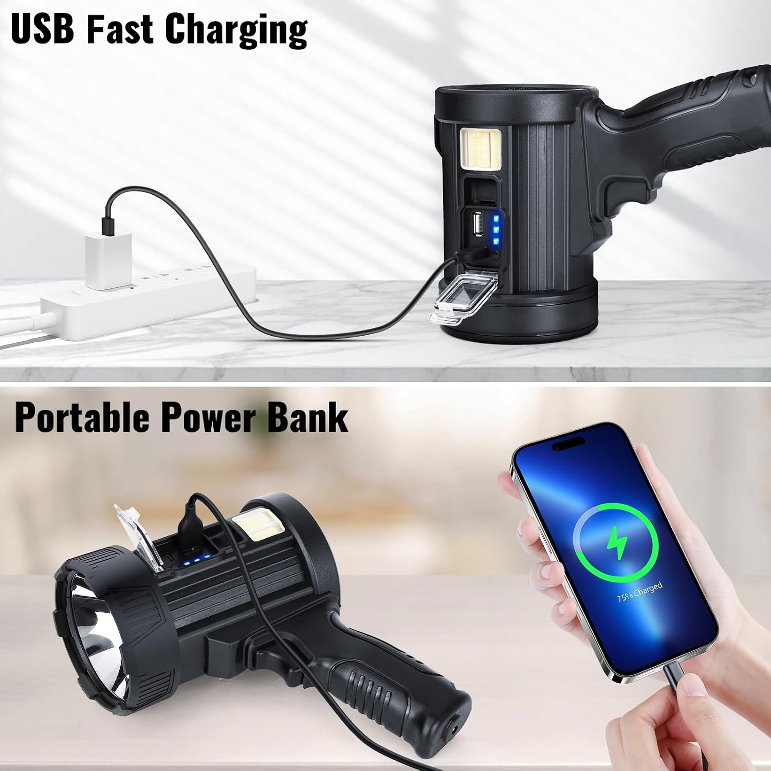 Rechargeable Spotlight,2000000 LM Super Bright Handheld Spot Light LED Flashlight High Lumens,Powered Spotlight Large