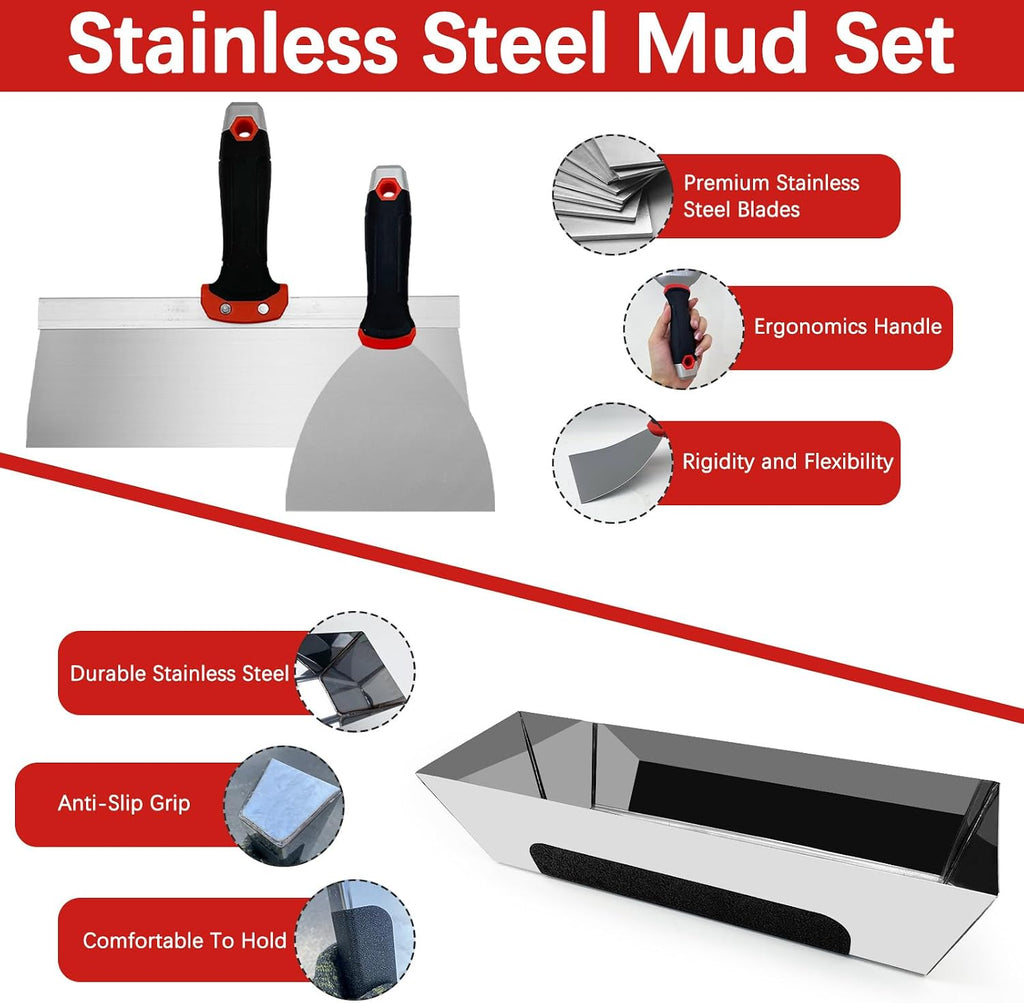 Drywall Hand Tool Set, 11 Pcs Putty Knife Set with Mud Pan | Aluminum Hawk, Finishing Trowel, Inside & Outside