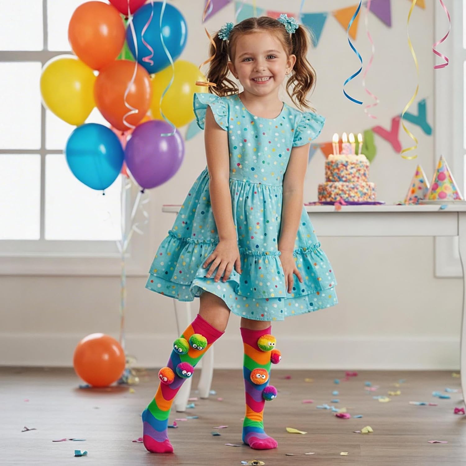 Crazy Socks for Kids Girls 3D Monster Pom Pom Rainbow Knee High Socks | Funny Novelty Wiggle Eye Monster Socks for