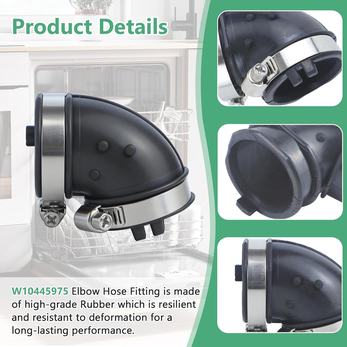 Dishwasher drain hose parts W10445975 Dishwasher Circulation Pump to Sump Hose Compatible with Some Amana, Inglis, Jenn Air, Kenmore, Kitchen Aid, and Whirlpool dishwashers (Includes Two Clamps)