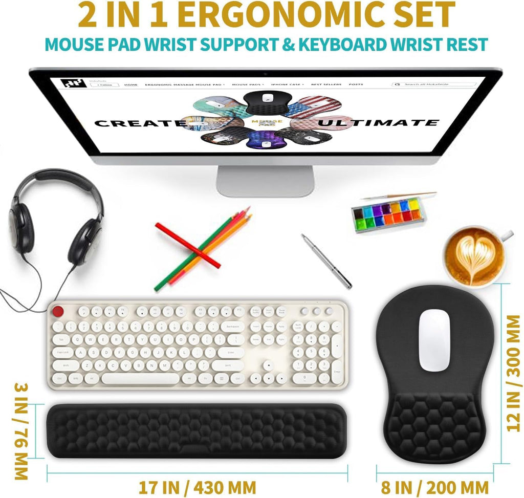 2 in 1 Ergonomic Mouse Pad Wrist Support & Wrist Rest for Computer Keyboard Set, with Relieve Carpal Tunnel Pain