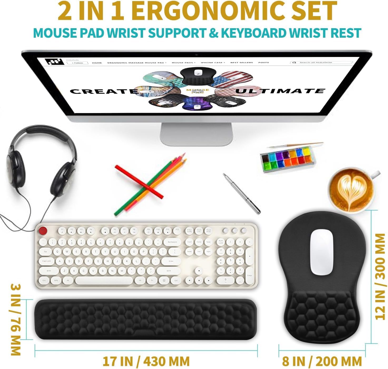 2 in 1 Ergonomic Mouse Pad Wrist Support & Wrist Rest for Computer Keyboard Set, with Relieve Carpal Tunnel Pain