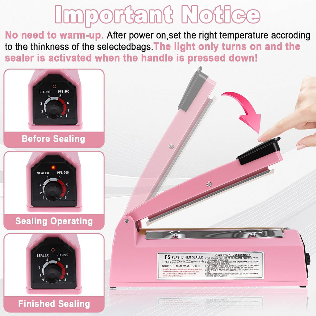 8 Inch Impulse Heat Sealer Machine with Extra Replace Element Grip, Pink