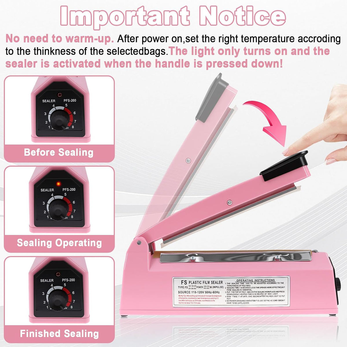 8 Inch Impulse Heat Sealer Machine with Extra Replace Element Grip, Pink