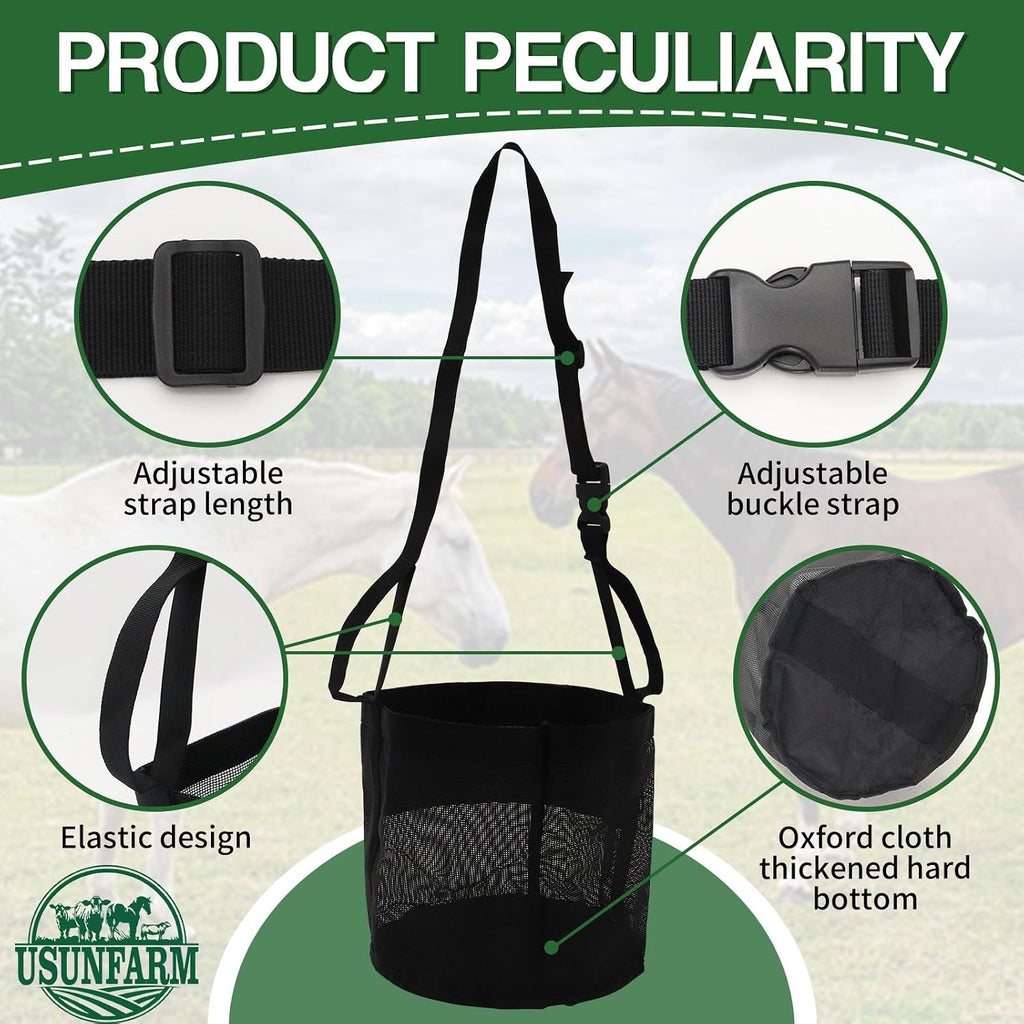 Horse Feed Bag 2 Pack-Grain Feeder Reinforced Bottom Mesh Feeding Troughs