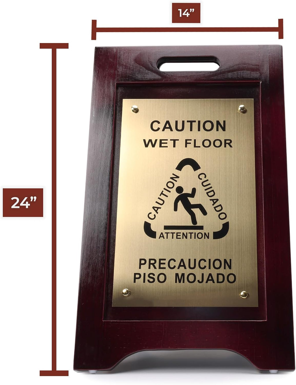 Wooden Caution Wet Floor Sign, Bilingual, Non-Skid Feet, Brass Plate | Premium wet floor sign w/ bilingual warning