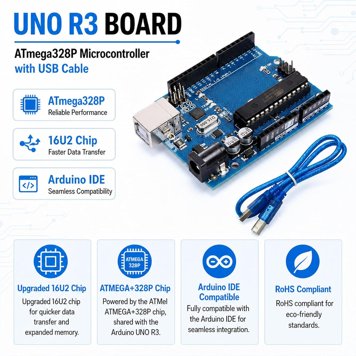 UNO R3 Board, ATmega328P, Includes USB Cable