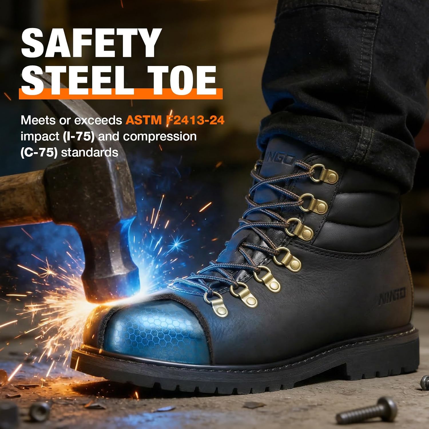 Steel Toe Work Boots for Men, Water Resistant Durable Crazy Horse Leather Construction Boots, Goodyear Welt Non Slip