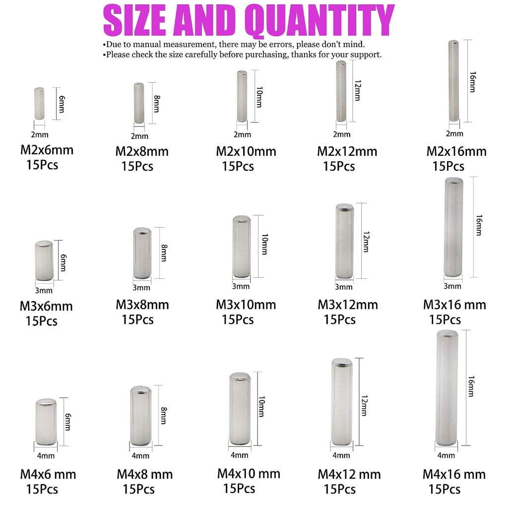 225 Pieces Dowel Pins Stainless Steel Shelf Support Pegs Pin Rod Fasten Elements Assortment Kit - Size Include M2 M3 M4