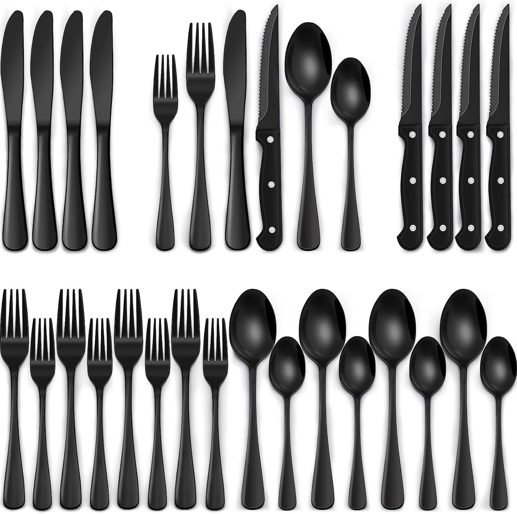 24-Piece Black Silverware Set with Steak Knives, Black Flatware Set for 4, Food-Grade Stainless Steel Tableware