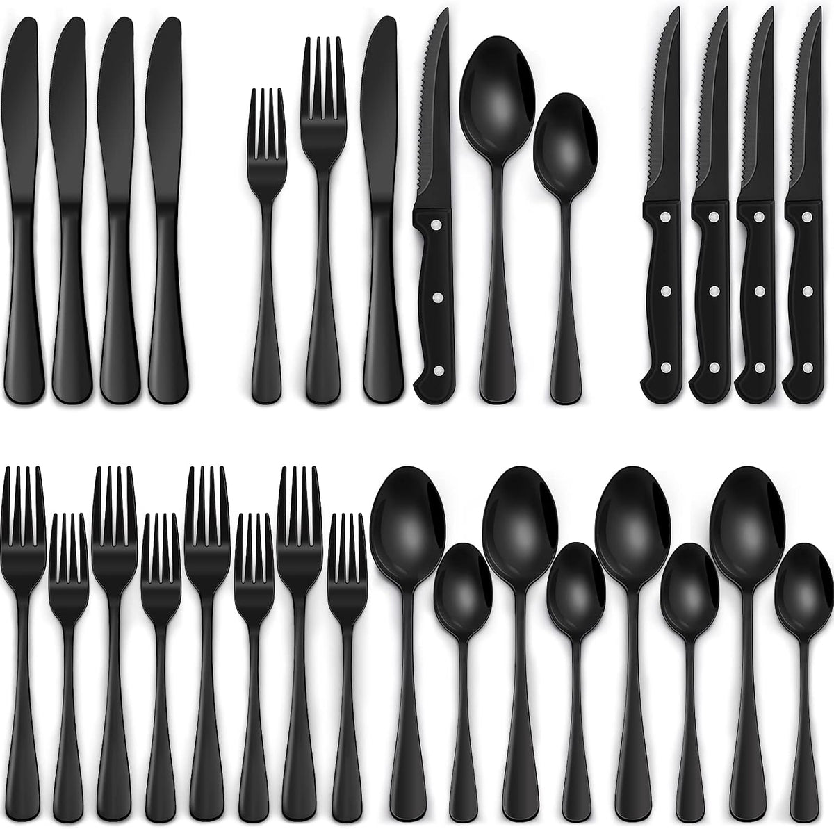24-Piece Black Silverware Set with Steak Knives, Black Flatware Set for 4, Food-Grade Stainless Steel Tableware