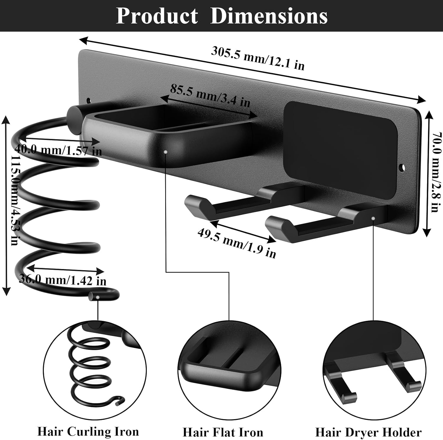 Hair Dryer Holder Wall Mount Aluminum Alloy Hot Tools Organizer | Heavy Duty, Matte Black
