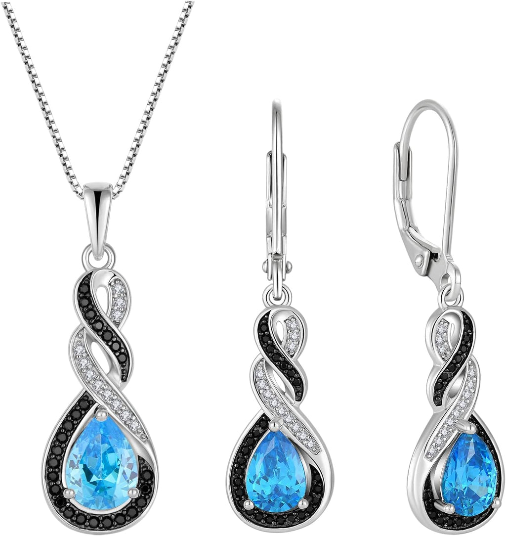 Two Tone Black& White Infinity Pendant Necklace Earrings Women Jewelry Set with Created Aquamarine