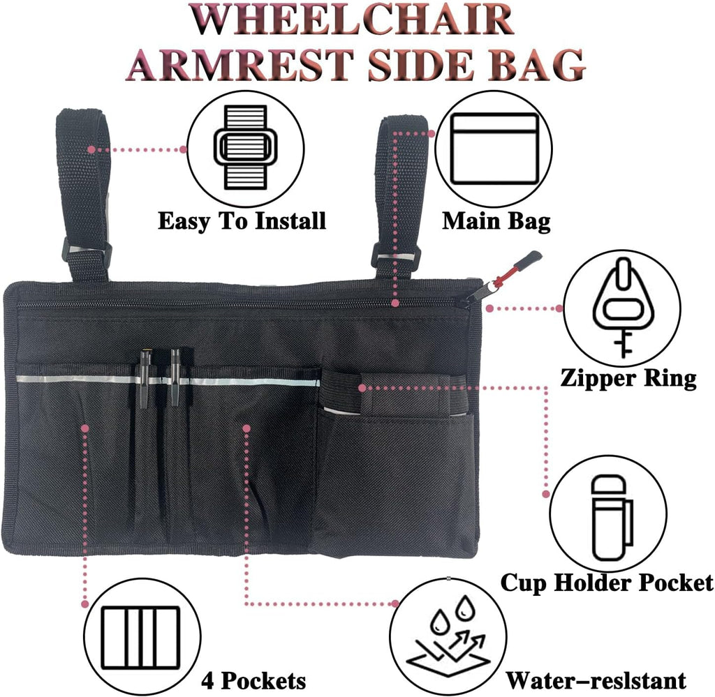 Wheelchair Pouch Side Pocket,Wheel Chair Cup Holder,Electric Wheelchair Accessories,Wheelchair Side Bag with Cup