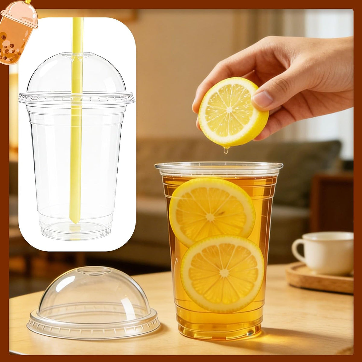 50 Sets 16 oz Clear Plastic Cups with Dome Lids and Straws