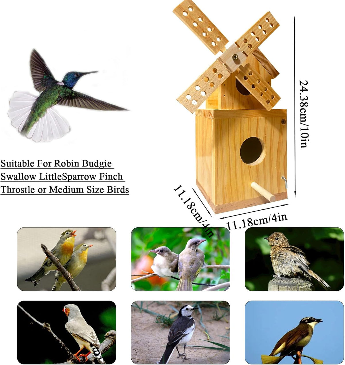 Wood Bird House, Hanging Windmill Bird Houses for Outside, Cedar Birdhouse Outdoors for Robin Budgie Swallow Little