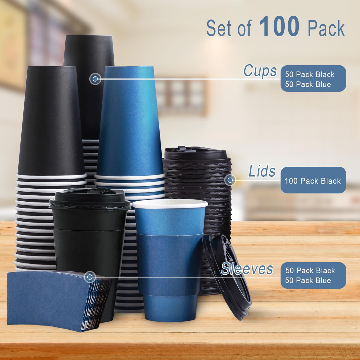 100 Pack 16 oz Coffee Cups with Lids, Disposable Hot Paper Coffee Cups