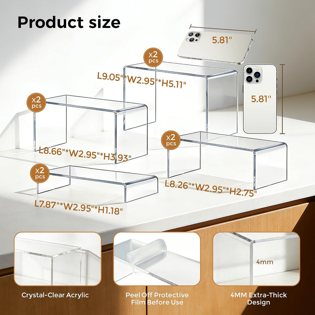 Acrylic Display Risers, 8 Pack Clear Acrylic Stands, 4 Sizes | Tiered Display Design, Clear Acrylic Stand for