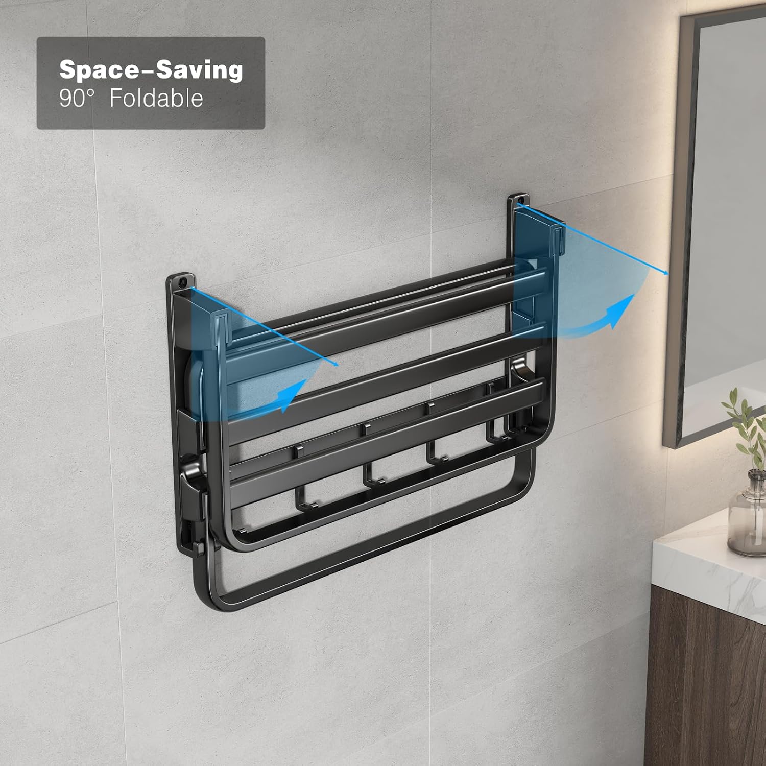 24-Inch Towel Rack,Bathroom Towel Shelf with 2 Towel Bar Foldable Towel Holder with 7 Hooks Towel Storage Organizer