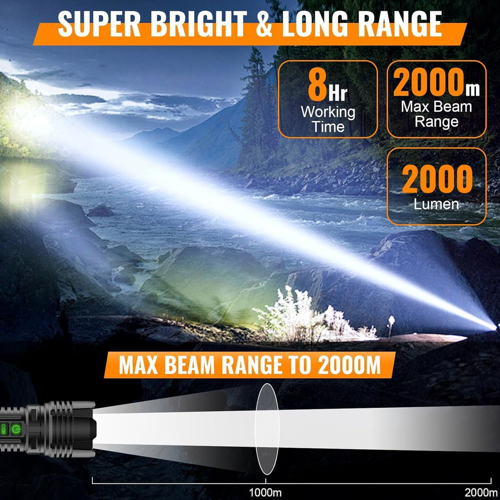 Rechargeable LED Flashlight Lantern 2000 High Lumens - with Camping Lanterns, Long Range LED Super Bright Flashlight