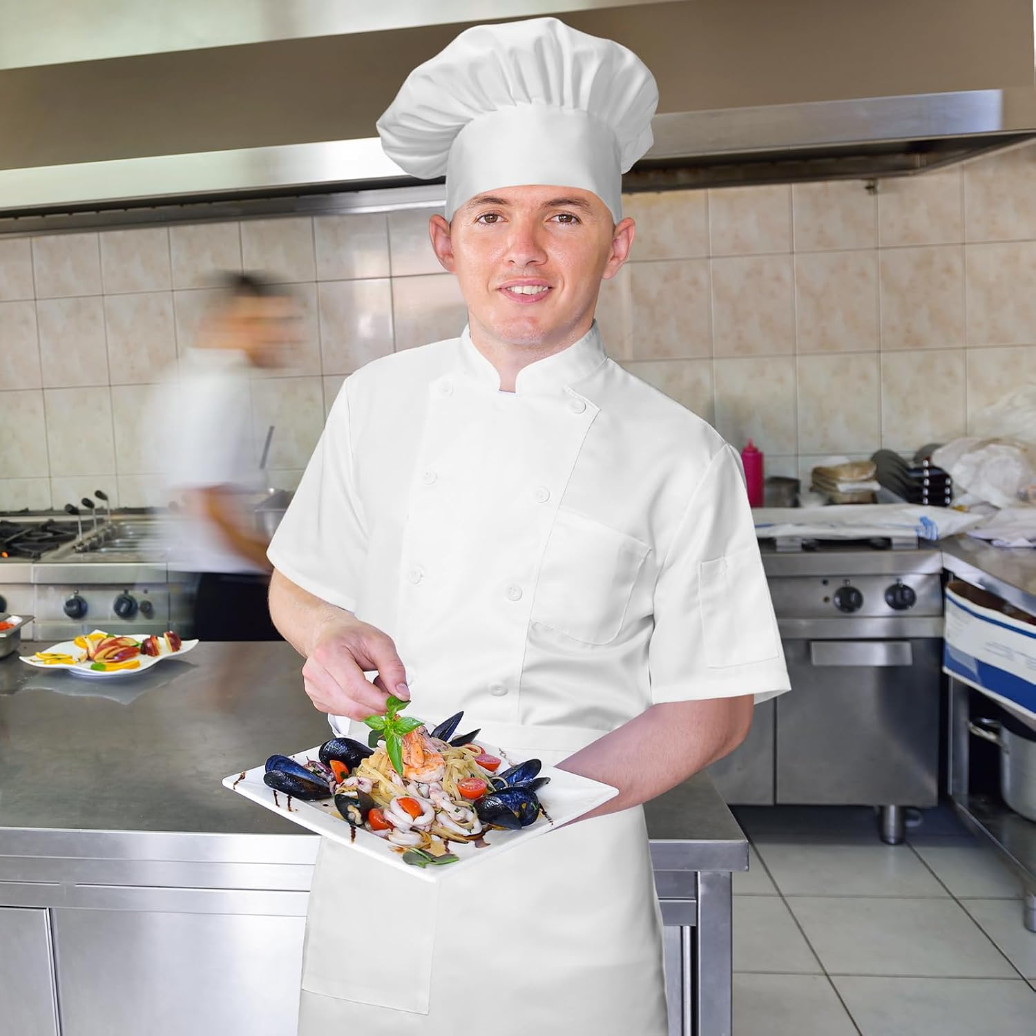 Halloween 3 Pcs Chef Unisex Costume Tall Hat Coat Bistro Apron Set Chef Jacket Coat Apron for Man(Short