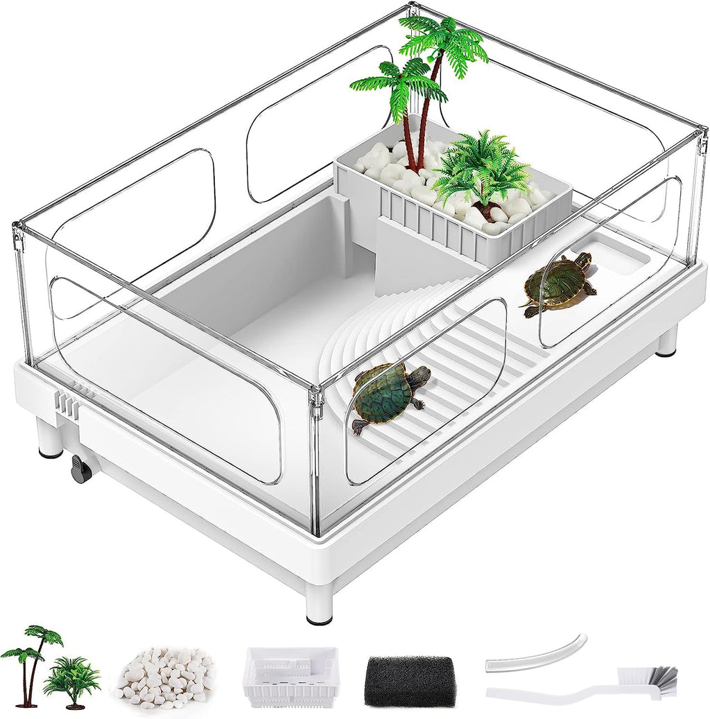 Small Turtle Tank, Acrylic Turtle Terrarium with Basking Platform, Bottom Drainage, Multi-Function Areas for Turtles
