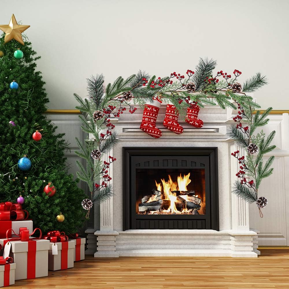 Christmas Artificial Pine Garland with Spruce Cypress Berries Frosted Pinecones Winter Greenery Garland for Holiday