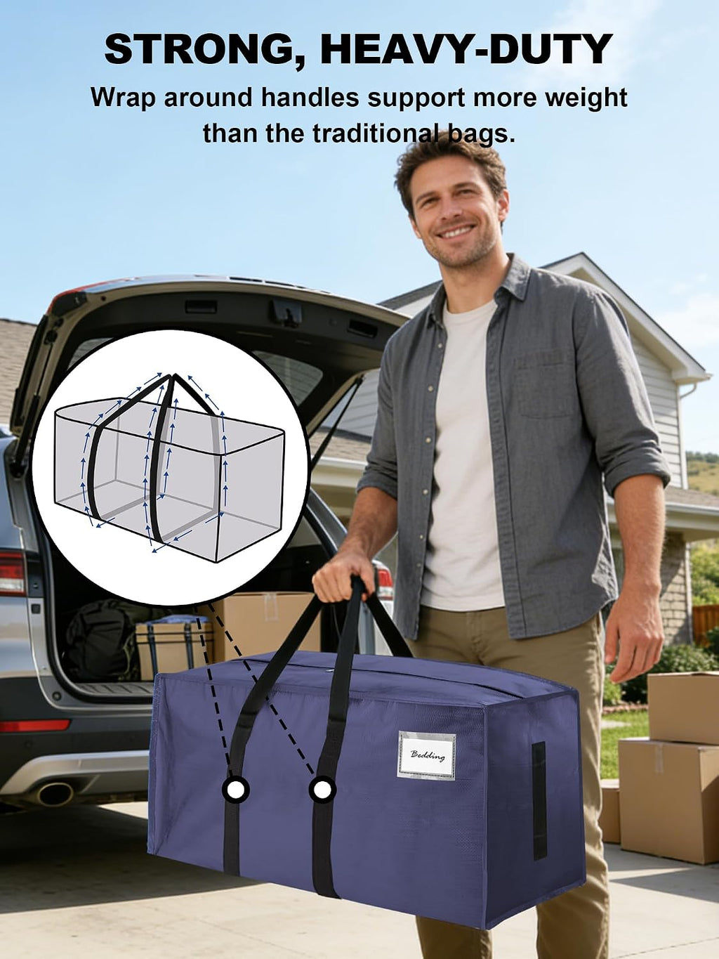 8 Pack 40 Gal Large Strong Moving Bags with Zippers & Carrying Handles - Water-Resistant - Heavy Duty Storage Tote