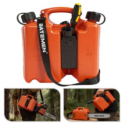 Dual-Chamber Chainsaw Fuel and Bar Oil Can,5L+3L Refueling Container with 2 Spouts,Integrated Tool Storage